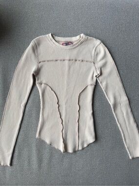 Urban Outfitters Long Sleeve Waffle Knit Ribbed Top in Light Beige Women’s XS